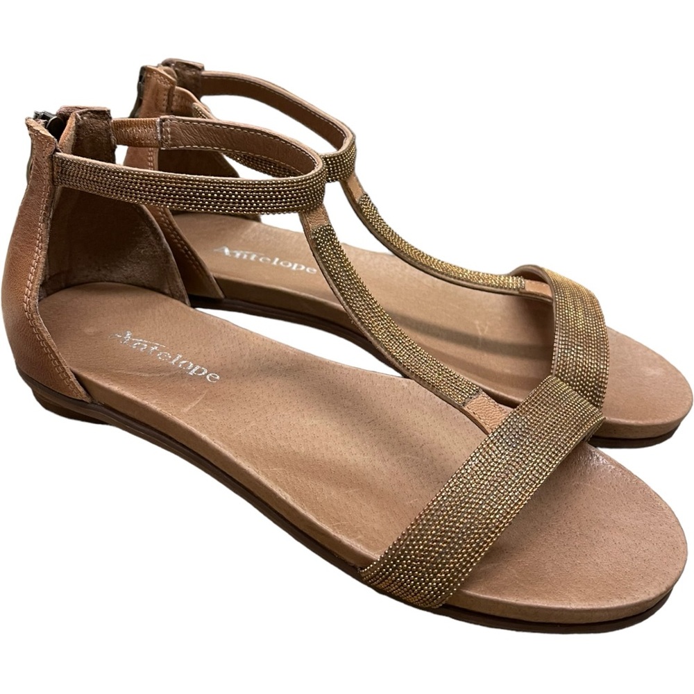 ANTELOPE Women Sandals T Strap Leather Flat Beaded Resort Size 38/8
